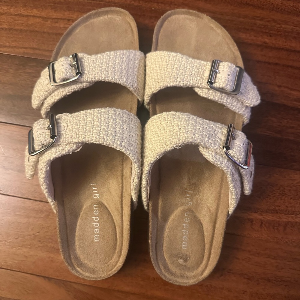 Madden Girl Textured Cream Sandals with Silver Buckles